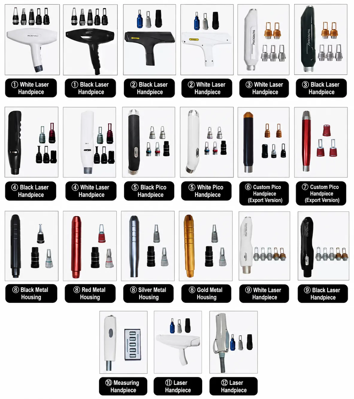 Different OEM Pico Laser handpiece housing styles and tip presentations for exclusive design projects