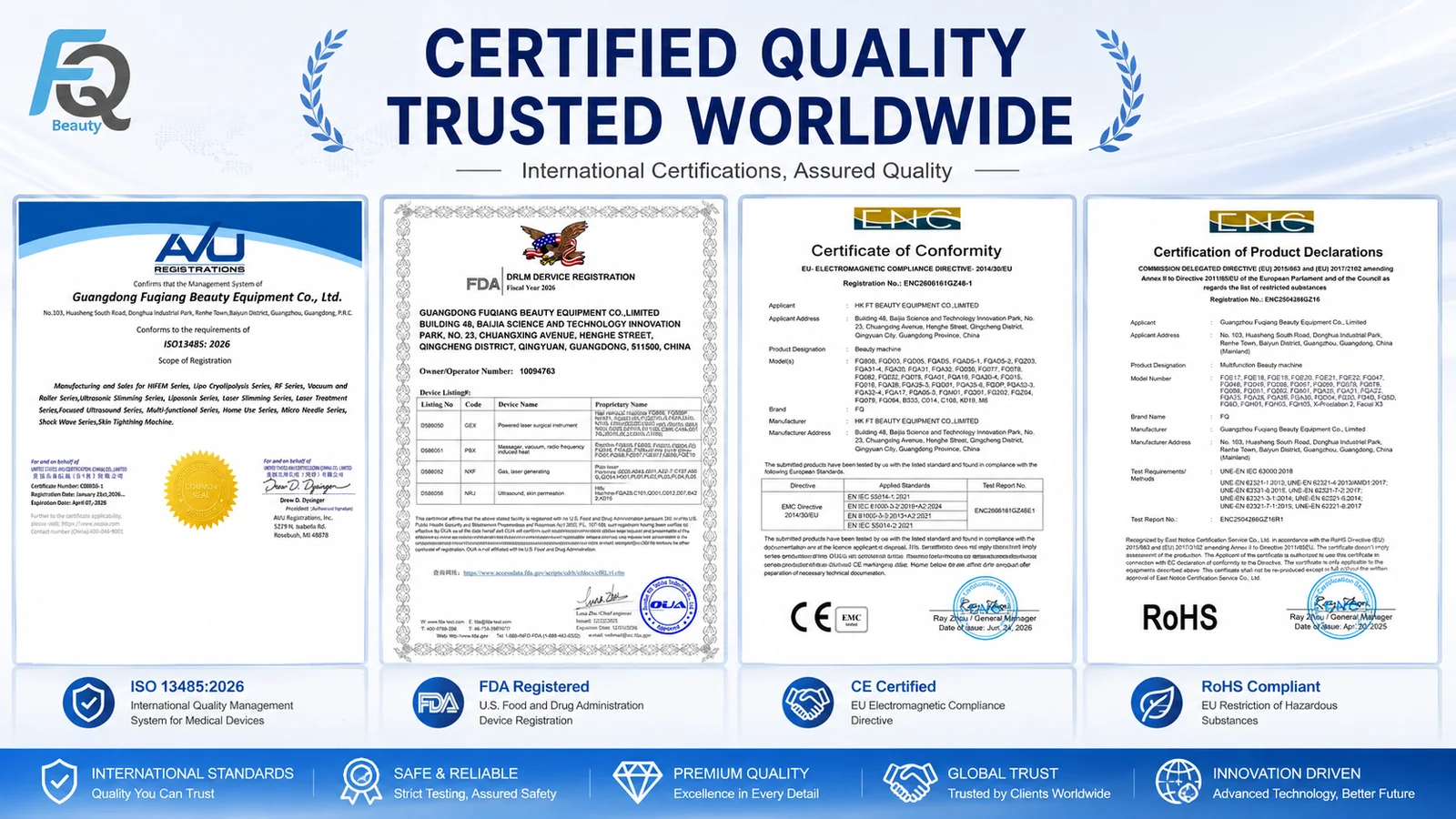 FQBeauty certification documents presented for buyer review