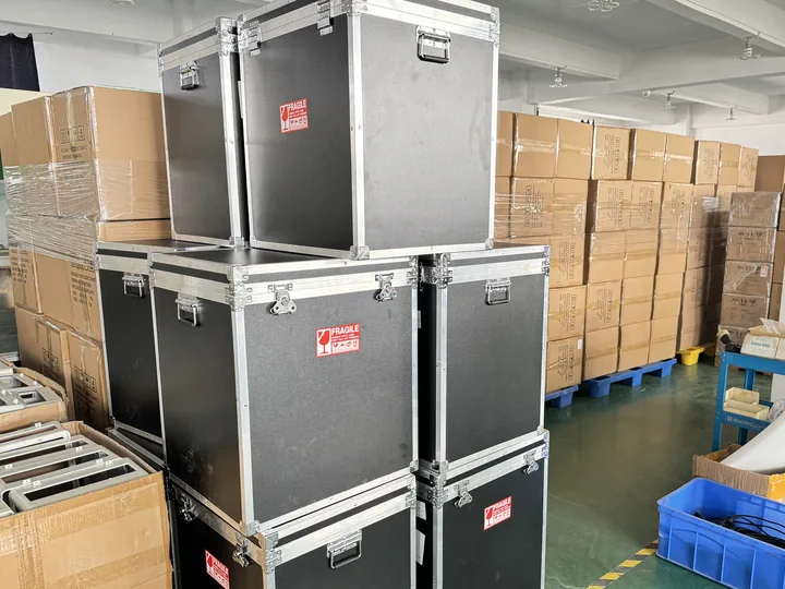 Protective flight cases and packed cartons prepared at the FQBeauty factory