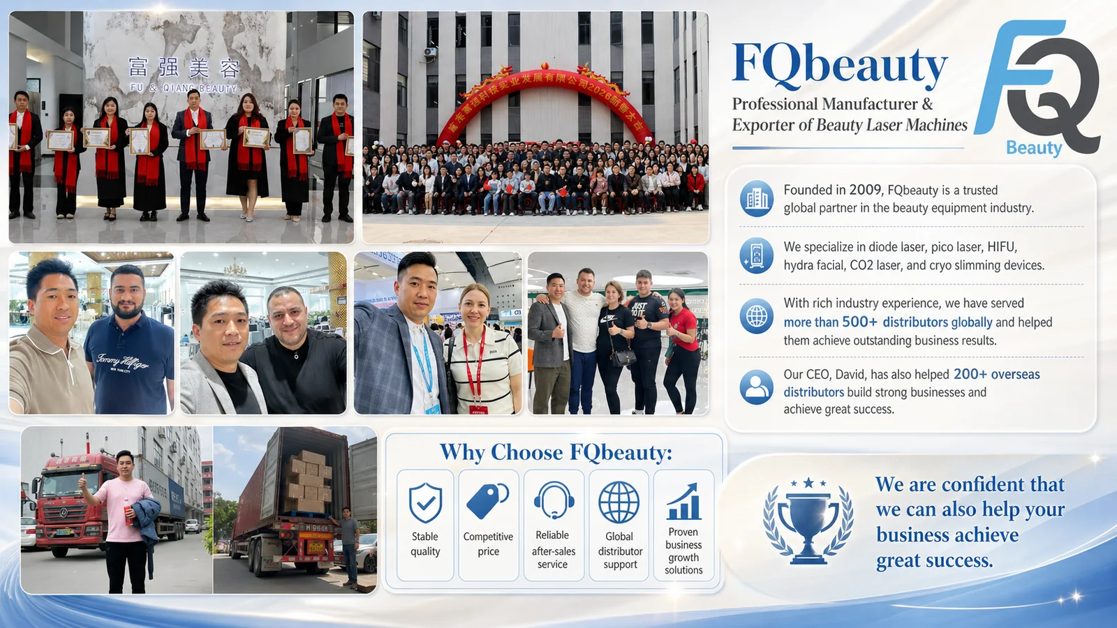 FQBeauty company team, international customers, factory experience and global distributor support