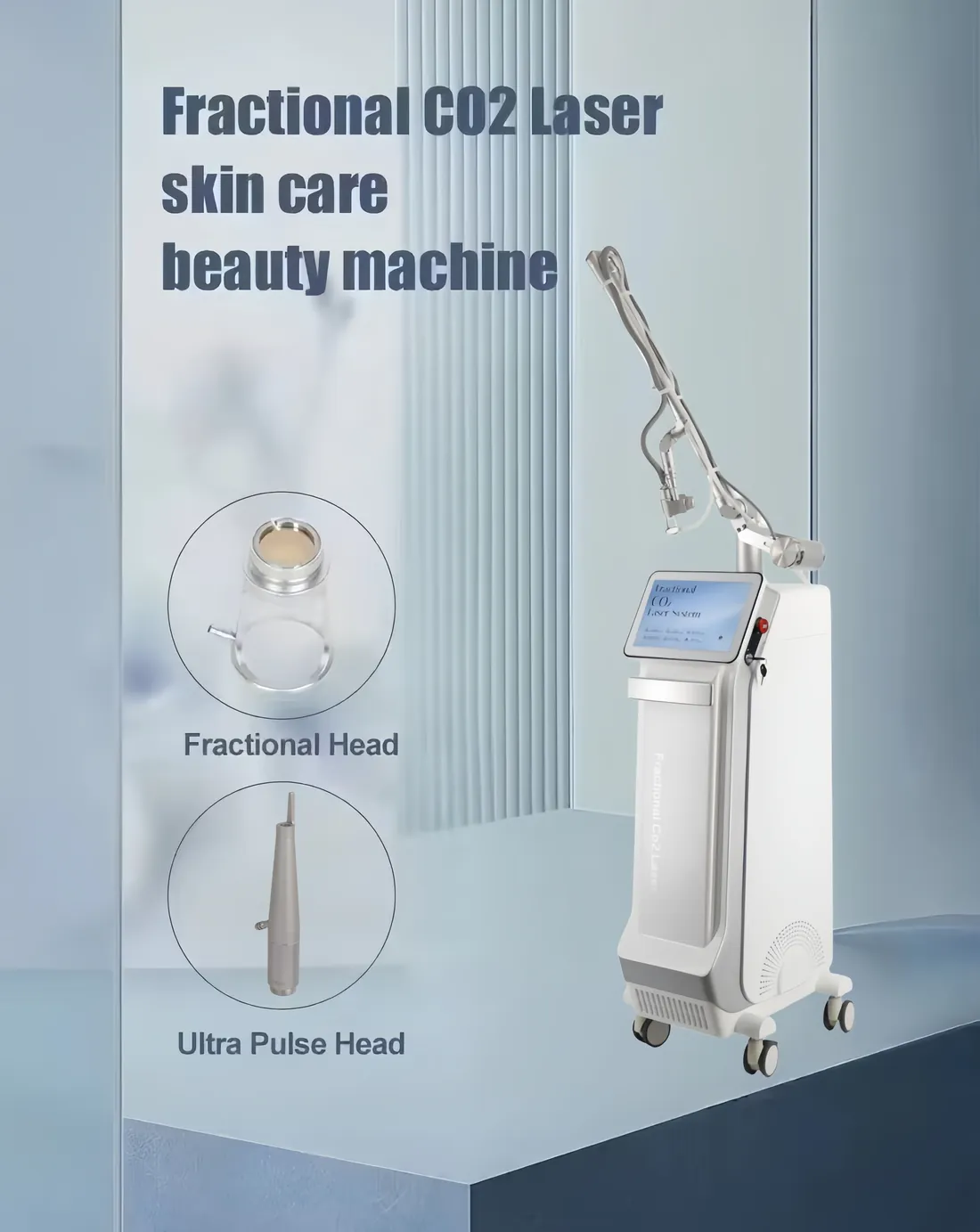 FQC61-B238 screened product material showing the floor-standing cabinet, articulated arm, fractional head and ultra-pulse head.